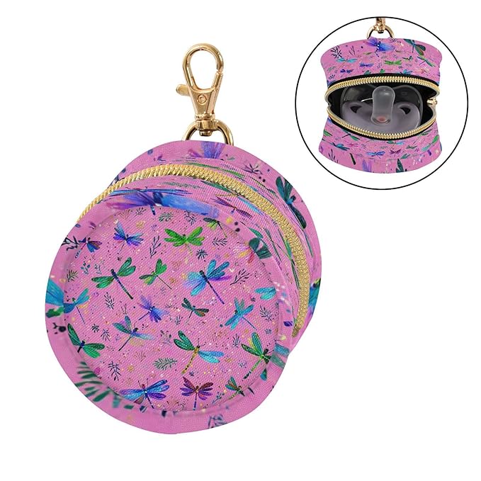 Pacifier Holder with Clip Pacifier Case for Diaper Bag Round Baby Pacifier Pouch Box Bag Portable Deep Pink Dragonflies and Leaves