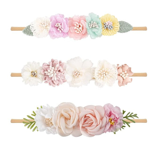 cherrboll 3pcs Baby Girl Headbands Flowers, Super Soft & Stretchy Nylon Floral Hairbands for Newborn Toddler