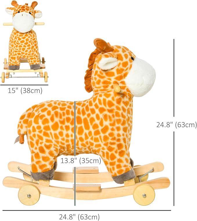 Qaba Rocking Horse, 2 in 1 Kids Ride on Horse, Rolling Giraffe Animal Rocker with Sound, Wooden Base, Pedal, Grip Handle, Plush Riding Pony for 3-6 Years Old, Yellow