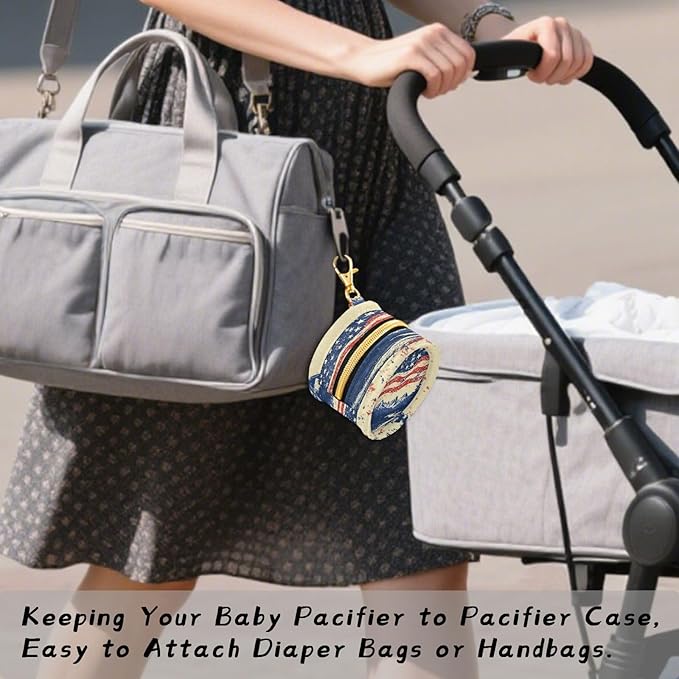 Pacifier Holder with Clip Pacifier Case for Diaper Bag Round Baby Pacifier Pouch Box Bag Portable July 4th Flags Mountains Blue