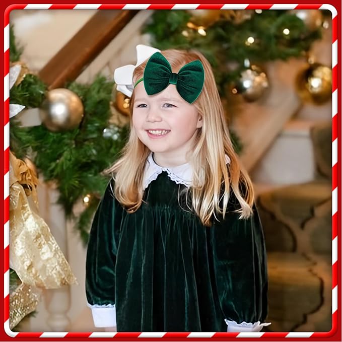 YanJie Hairband - Handmade Stretchy Nylon Hairbands with 3 Green-velvet Bows, Ideal for Baby Infants Toddlers Child, Unisex-B, 1 Count (Pack of 3)