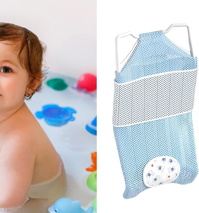 Fafeicy Baby Bath Seat Support Non Slip Mesh Cushion Portable Bath Tub Seat Net for Newborns to Toddlers (Blue, Pillow, Slip Pad)