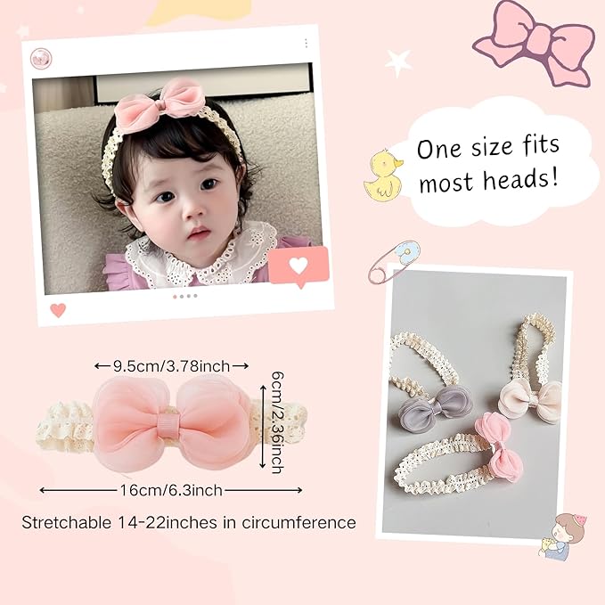 Cute Lace Bow Baby Girls Headbands Large Knot Hair Band Soft Chiffon Hairband Elastic Shower Hair Accessories for Newborn Infant Toddler Kids (Pink C, Elastic)