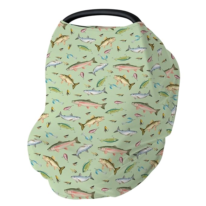 Fishing Baby Car Seat Covers Freshwater Fishes Lures Stretchy 5-in-1 Cover Adjustable Infant Carseat Canopy Cover Lake Outdoors Fishing Lovers Gift Breathable Nursing Cover-Up