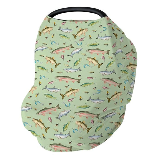 Fishing Baby Car Seat Covers Freshwater Fishes Lures Stretchy 5-in-1 Cover Adjustable Infant Carseat Canopy Cover Lake Outdoors Fishing Lovers Gift Breathable Nursing Cover-Up