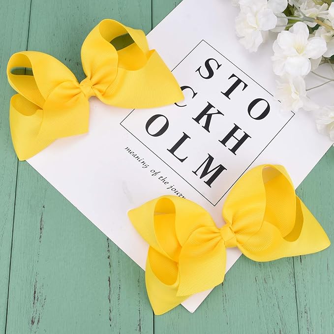 DEEKA 2 PCS 6" Big Hand-made Grosgrain Ribbon Solid Color Hair Bows Alligator Clips Hair Accessories for Little Teen Toddler Girls Kids Set of 2 -Yellow