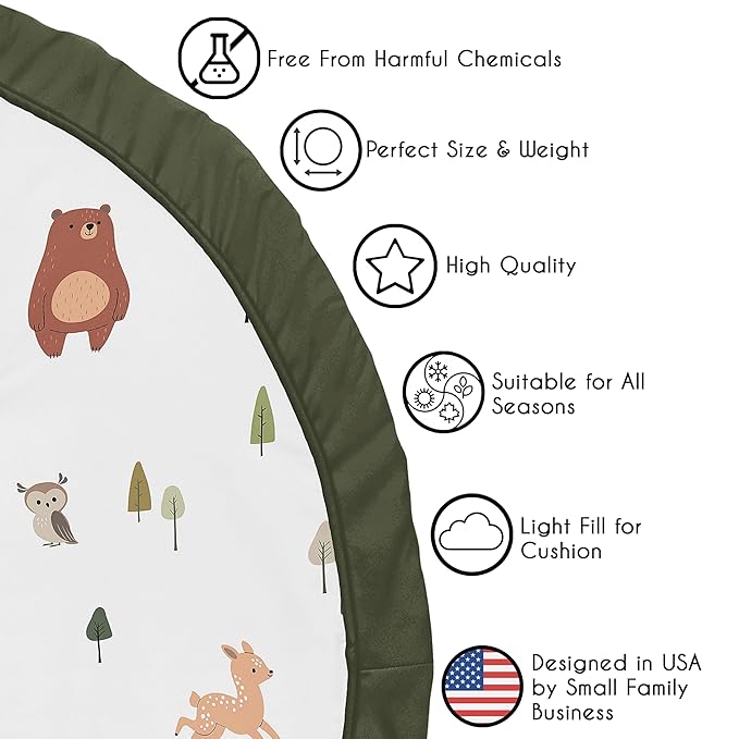Sweet Jojo Designs Baby Play Mat (Woodland Animals) for Girls and Boys, Infant, Toddler Tummy Time Activity Floor Playmat (Sage Green, Watercolor, Forest Animal Friends, Brown Bear, Fox, Deer, Leaves)