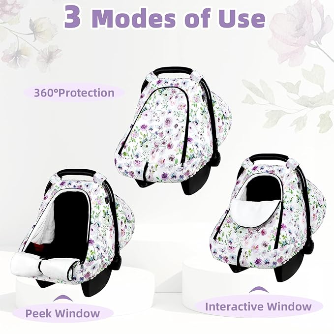 Winter Car Seat Cover Baby, GFU Warm Carseat Cover for Babies, Universal Infant Car Seat Canopy Waterproof, Cold Weather Shield Coats Purple Flowers