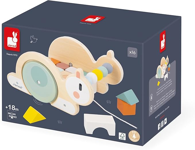 Janod Sweet Cocoon - Wooden Pull-Along Snail Cube Trolley - 17 Piece Set - Ages 18 Months - 3 Years - J03354