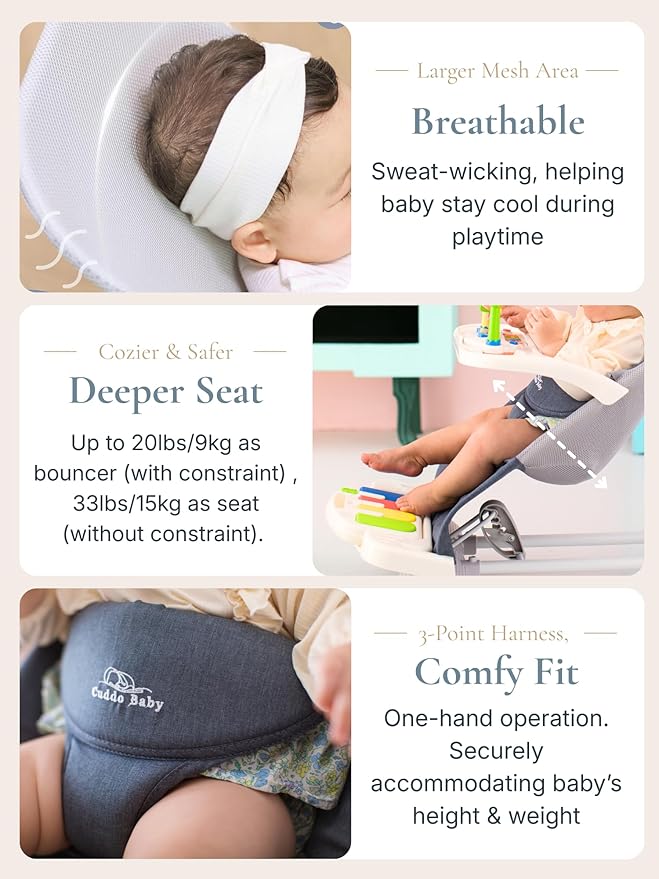 CuddoBaby Baby Bouncer 4-in-1 on Wheels |Detachable Pianos, Feeding Tray| 3-Level Recline Foldable Seat with Play Bar for Infant to Toddler 0-6, 0-12, 12-24 Months, Girl Gift Idea - Pink