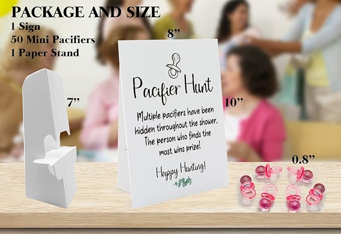 Baby Pacifier Hunt Baby Shower Games, Gender Reveal Game, 8×10 Sign and 50 Mini Acrylic Pacifier, Favorite Adults Kids Games for Baby Shower Activities, Gender Neutral Boy and Girl BPH01