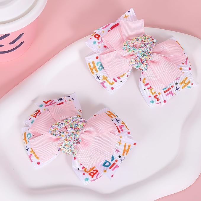 3.5-Inch Happy Birthday Hair Bow Clips for Girls,Glitter Pink Sprinkle Bow Barrettes Alligator Hairpins,Teens Toddlers Kids 4th Birthday Party Dress outfits Decor Accessories Gift