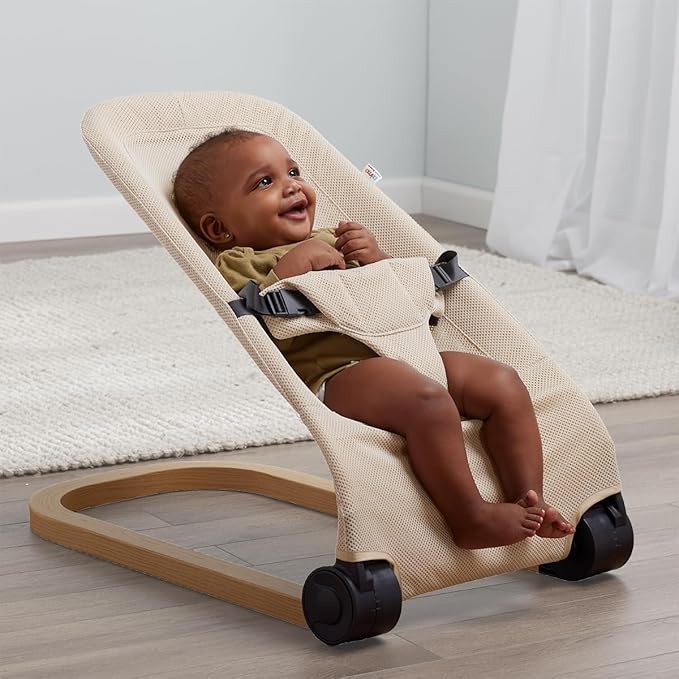 Giggle Bounce Deluxe Folding Baby Bouncer with Soothing Natural Movement, Convenient Portable Folding Design, Adjustable Multi Position Recline, Removable Mesh Cover, and Wood Grain Base, Cream