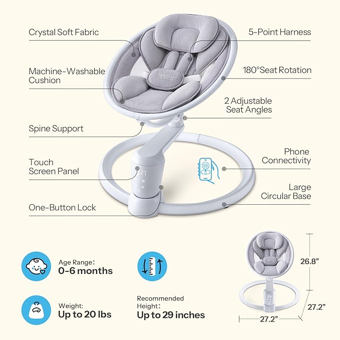 HARPPA Weddell Plus Electric Baby Swings for Infants and Newborns, Eye-Level Baby Swing 5 Speeds and Remote Control 10 Built-in Melodies, 2 Seat Positions & 180° Rotation for Indoor Use, Dove Gray