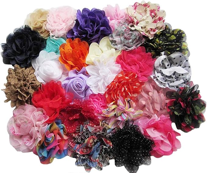 YYCRAFT 30pcs Chiffon Hair Flower Solids and Prints Included for Girls Headband Baby Flowers Bows,Crafts,Party Decoration(3"-4",Mix Color)