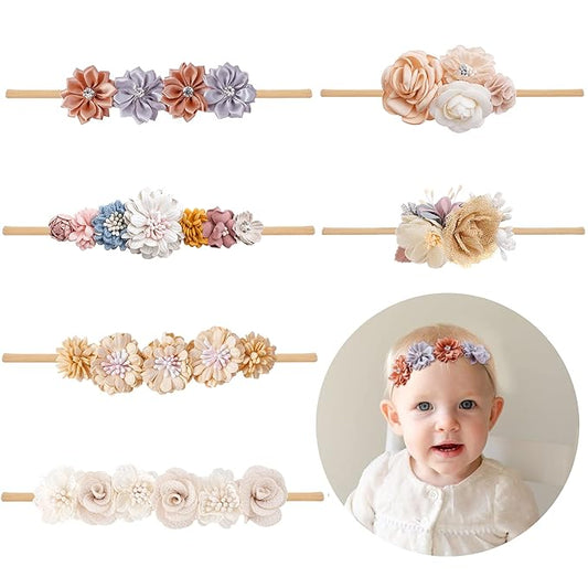 Baby Girl Flower Headband 6 PCS Elastic Hairbands Handmade Nylon Bows Headbands Chic Floral Hair Accessories Kids Gifts for Newborn Infant Toddlers
