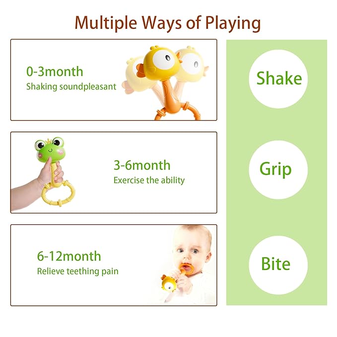 2 Pack Baby Rattles 0-12 Months, Montessori Sensory Teething Toys, Fully Boilable Silicone Maracas Shaker, Fine Motor Skills, Frog & Chick Newborn Gift