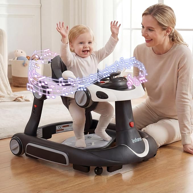 INFANS 6-in-1 Foldable Baby Walker, Converts Push Car to Bouncer, Rocker with Music, Lights, Adjustable Height & Speed, Activity Center, Canopy for 7-18 Months (Dark)