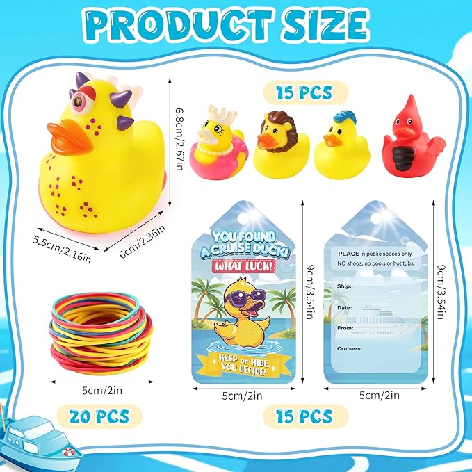 Cruise Rubber Ducks Hiding Kits Includes 15Pcs Rubber Duck 15 Cruising Ducks Tags 20 Rubbers Bands for Cruise Ship Duck Ducking Essentials