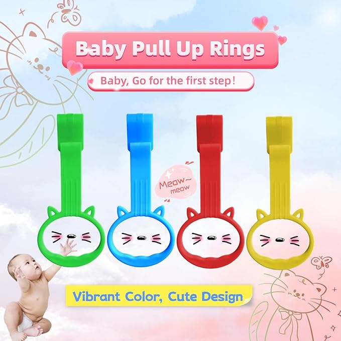 4pack Baby Pull Up Rings for Baby Playpen Walker, 4 Color Cute Design