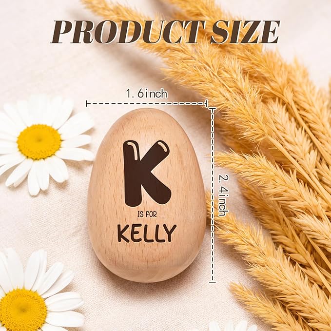 Custom Musical Easter Egg Shaker with Engraved Name and Initial, Wooden Easter Egg Basket Stuffers for Kids, Fake Eggs for Egg Hunt Prize Decor Party Baptism Gift