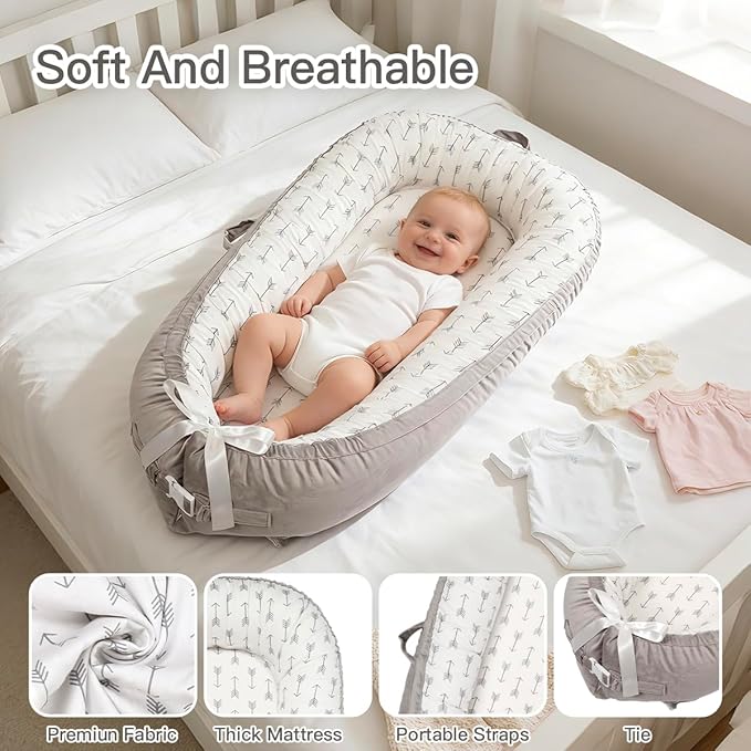 Baby Support Cushion | Organic Cotton Infant Floor Support Cushion | Reversible, Adjustable & Portable Floor Support | Soft, Breathable, Washable Cover (Grey Arrow)