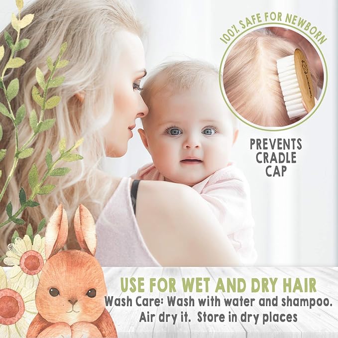 Baby Hair Brush & Bamboo Viscose Baby Washcloth Set for Newborn - Baby Bath Grooming Essential - Suitable for Delicate Newborn Scalp, Skin and Cradle Cap