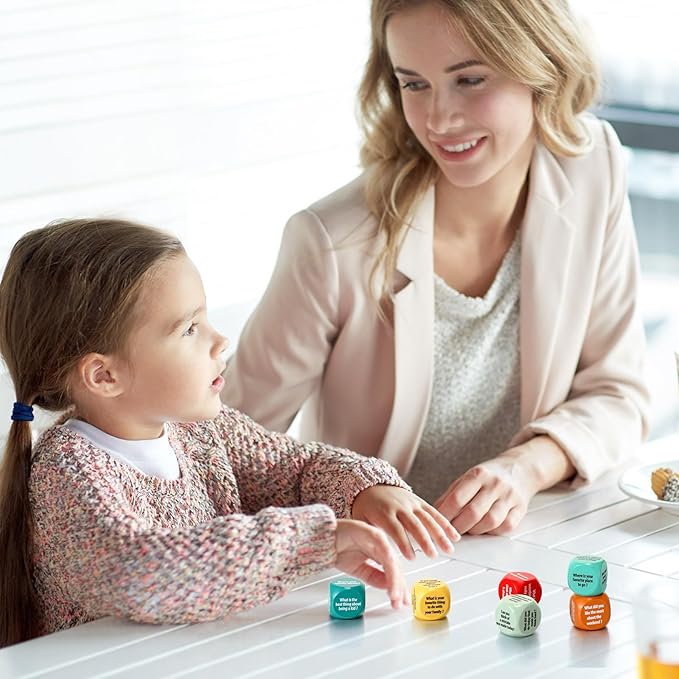 Simgoing 6 Pcs Conversation Cube Ice Breaking Supplies Table Talk Topic Cube Social Emotional Learning Activities Wood Conversation Starter Dice with Tin Box for Kid Counselor Therapist