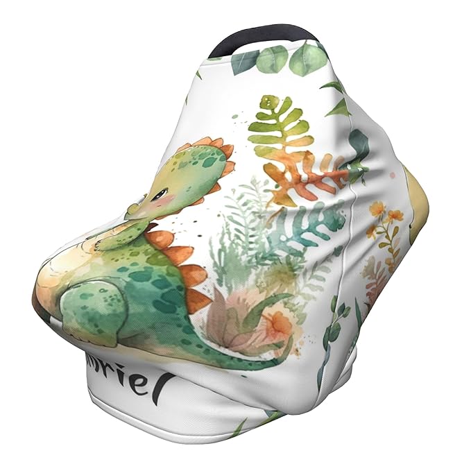 Personalized Dinosaur Baby Car Seat Cover with Name,Multi-Use Canopy for Nursing, Strollers,Shopping Carts,Customized Breastfeeding Cover, Full Privacy,Infant Stroller Cover