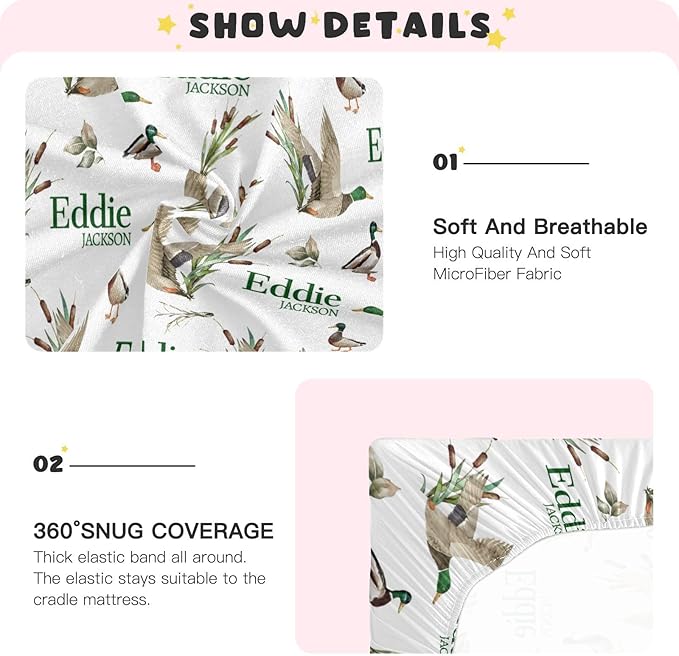 Personalized Pack and Play Sheets with Name, Custom Wild Ducks Baby Mini Crib Sheets for Baby Boys Girls, Name Pack n Play, Fitted Sheet with Name, Soft and Breathable Material