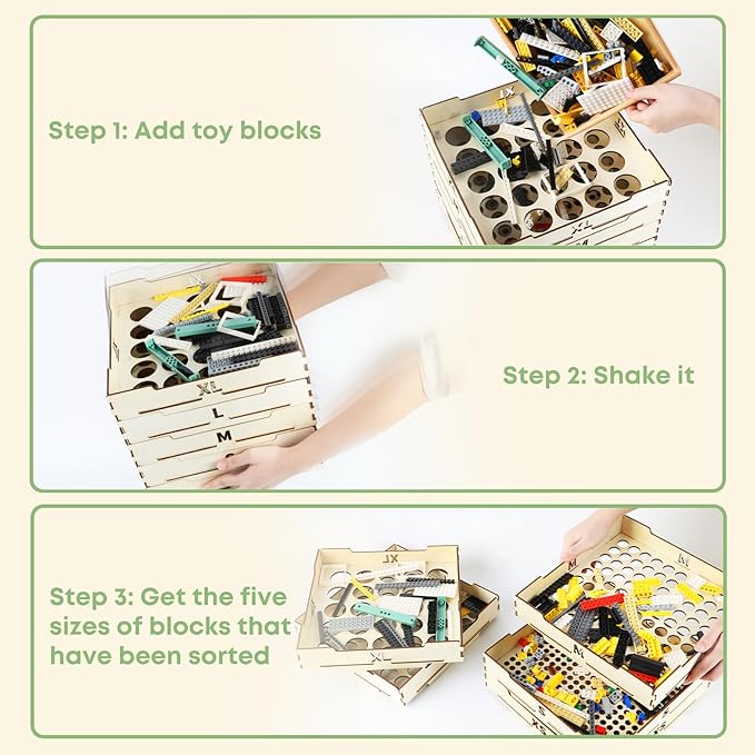 Toy Block Sorter Sifter, 5 Different Size Toy Block Sorting Boxes, Wooden Storage Box for Building Blocks, Birthday Gift Boys Girls and Adults