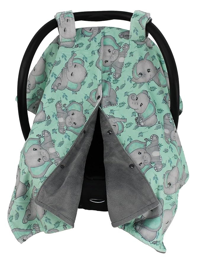 Dear Baby Gear Car Seat Cover for Boys & Girls - Baby Carseat Canopy w/Snap Opening - Infant Seat Cover - Nursing Covers - Newborn Carrier Canopy - 40x30 (Gray Elephants on Mint Foliage - Gray)
