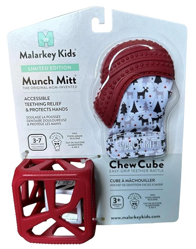 Malarkey Kids Holiday Gift Pack: Munch Mitt and Chew Cube Duo - Perfect Teething Treats for Babies and Toddlers - Red