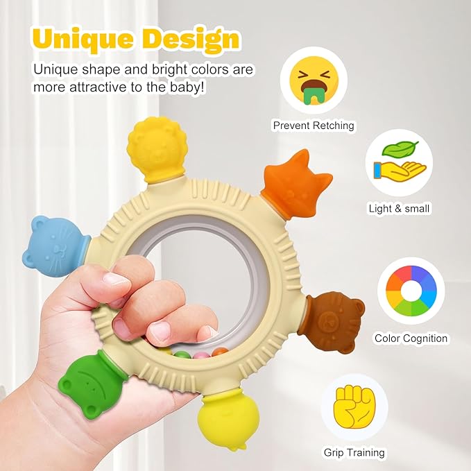 2 Pack Sensory Toys for Babies,Baby Teething Rings Toys for 0-6 6-12 Months Baby Rattle Teether Silicone Teether Relief Chew Soothing,BPA Free,Sore Gums Babys Teethers Toys