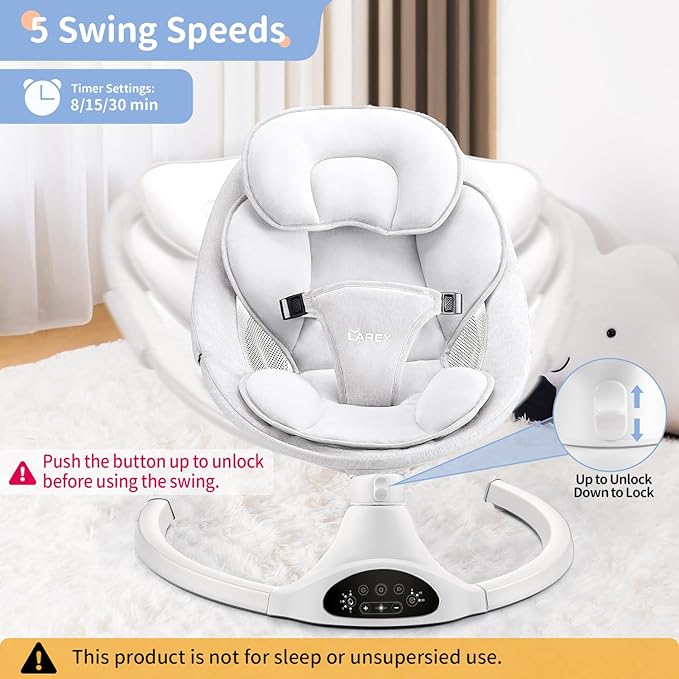 LAREX Baby Swing Infant Swing Electric Toddler Baby Rocker Portable for Newborn Boy Girl, 5 Sway Speeds with Remote Control, 10 Preset Melodies and Bluetooth, 0-6 Months Max 20 Lbs (White)