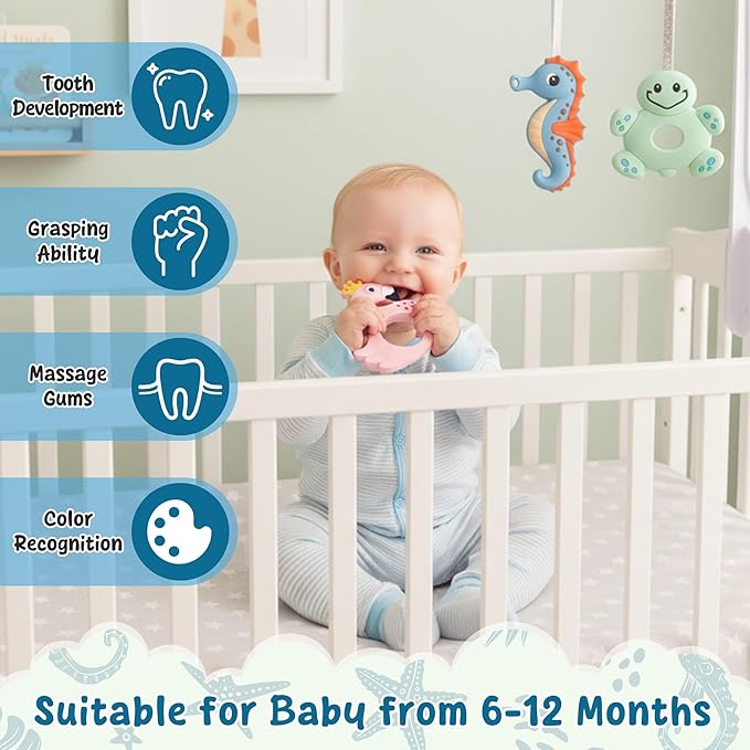 Silicone Teething Toy for Babies - 2ooya 3Pcs Summer Ocean Animal Themed Soft Teether, Infant BPA Free Sore Gums Pain Teething Relief Chew Toy Gift for Toddler Newborn 6-12 Months Baby Shower Birthday