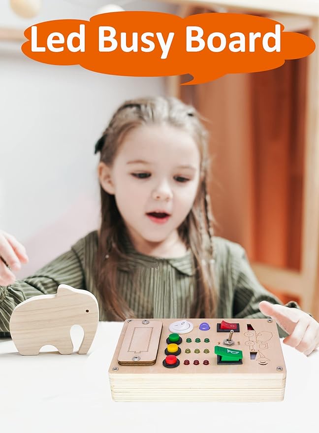 Busy Board Montessori Toys for 1 Year Old Led Button Push Toys Light Switch Preschool Learning Wooden Sensory for Toddlers 1-3 Baby Gifts Travel Fidget Toy (Vehicle Theme Light Toy)