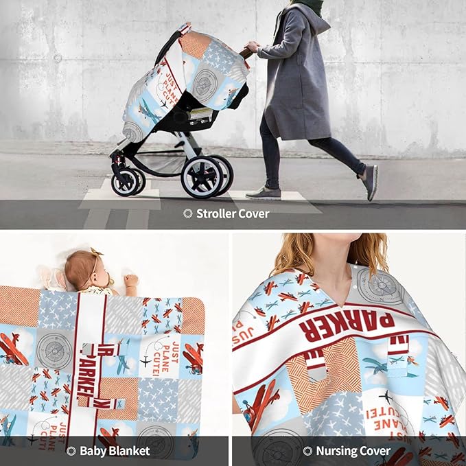 Personalized Minky Car Seat Canopy for Girl Boy, Custom Name Stroller Car Seat Covers Cover for Infant Newborn Shower Gift, Nursing Opening Carseat Cover for Breastfeeding, Plane