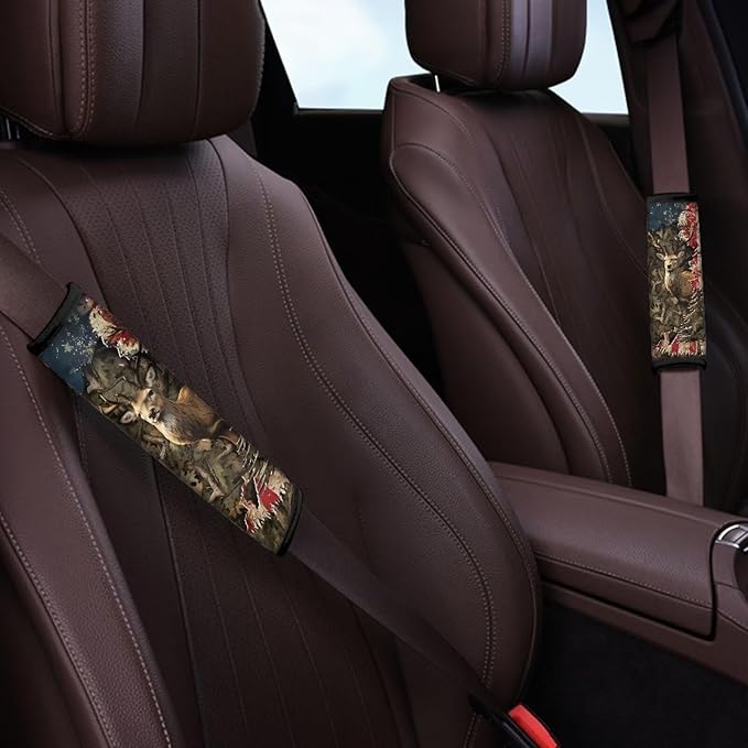AFPANQZ American Flag with Deer Car Safety Seat Belt Cover 2 Pack Truck Vans Sedans SUVs Seat Belt Pad Cushion Comfortable Shoulder Protectors Cover Cushion