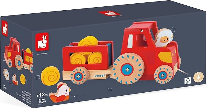 Janod Wooden Pull-Along Tractor Toy with Removable Trailer, Hen, Sheep & 4 Hay Bales – Quiet-Wheel Farm Playset & Walking Aid – Ages 12 Months+ - J03317