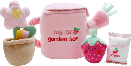 4 Piece Plush My First Garden Play Set with Sensory Toys for Baby, Pink, 6 inch