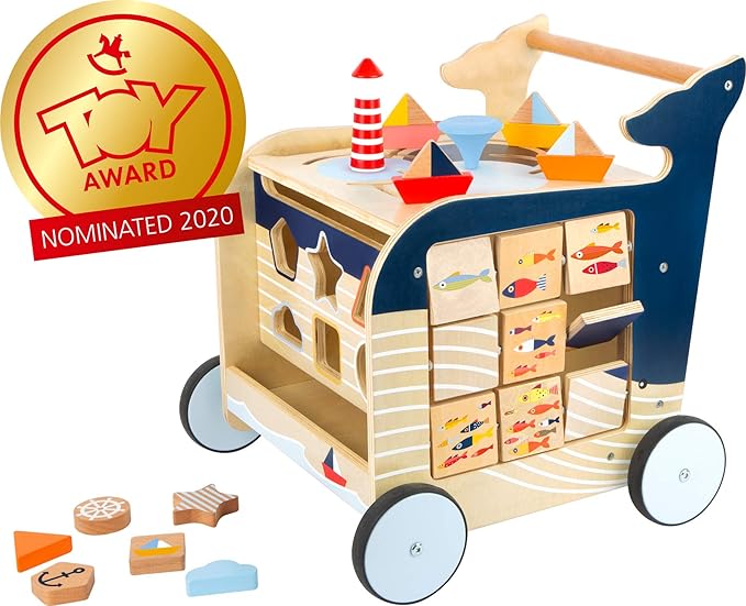 Wooden Whale Baby Walker by Small Foot – Classic 5-in-1 Activity Center - Interactive Toy with Shape Sorter, Puzzle Maze, Compass, Chalkboard - Develops Kids Coordination, Motor Skills –Age 12+ months
