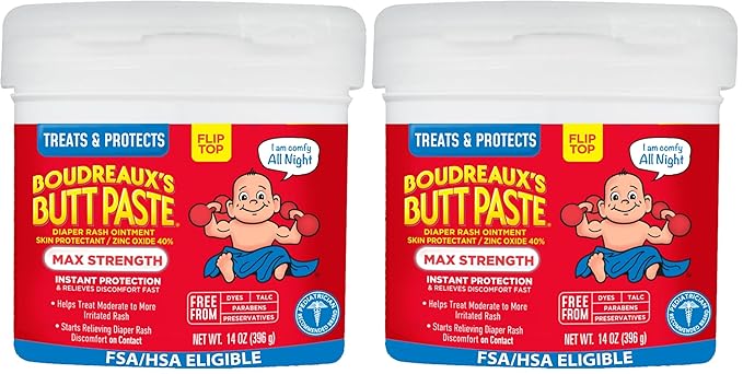 Boudreaux’s Butt Paste Max Strength Diaper Rash Cream for Baby, Ointment With Zinc Oxide, 14 oz Flip-Top Jar (Pack of 2)