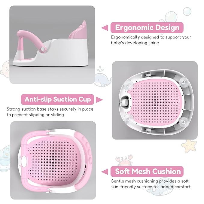 Baby Bath Seat for Babies 6 Months & Up Sitting Up | 360° Stable Toddler Bath Chair with One-Touch Button | Baby Bath Tub Seat with Suction Cups | Open Design, Compact, Detachable, Non-Slip (Pink)