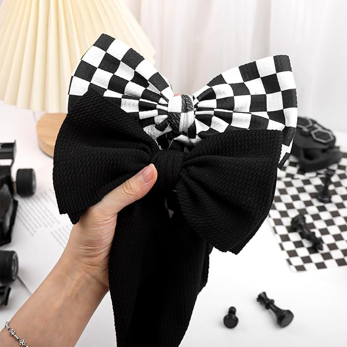 YanJie 2PCS 7’’ Black Bows for Baby Girls Checkered Headband White Bow Infants Toddler Hair Accessories Newborn Headbands Hair Bow Baby Clothes