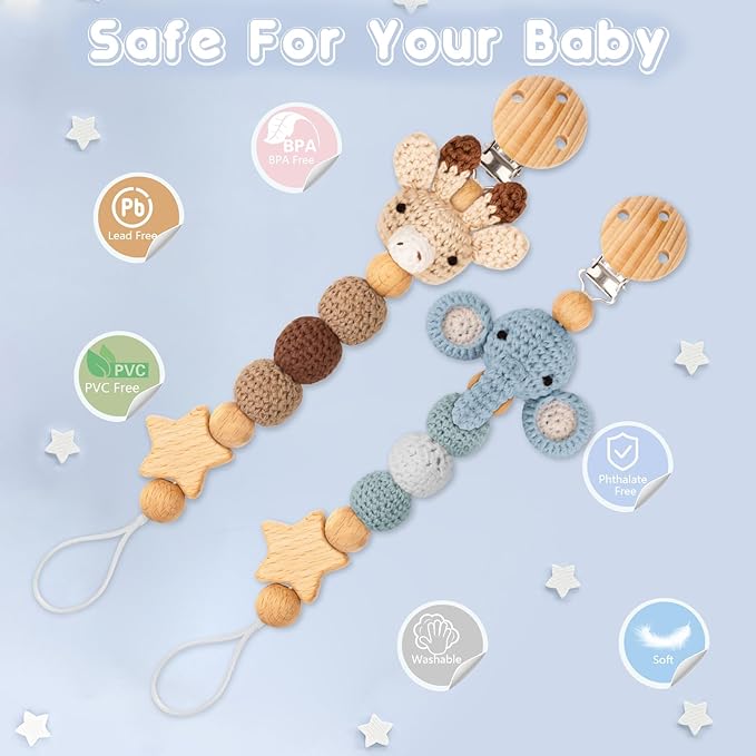 Handmade Knitted Christmas Pacifier Clip Holder for Boys and Girls,4 PCS Binky Clip Fits for Most Baby Pacifier