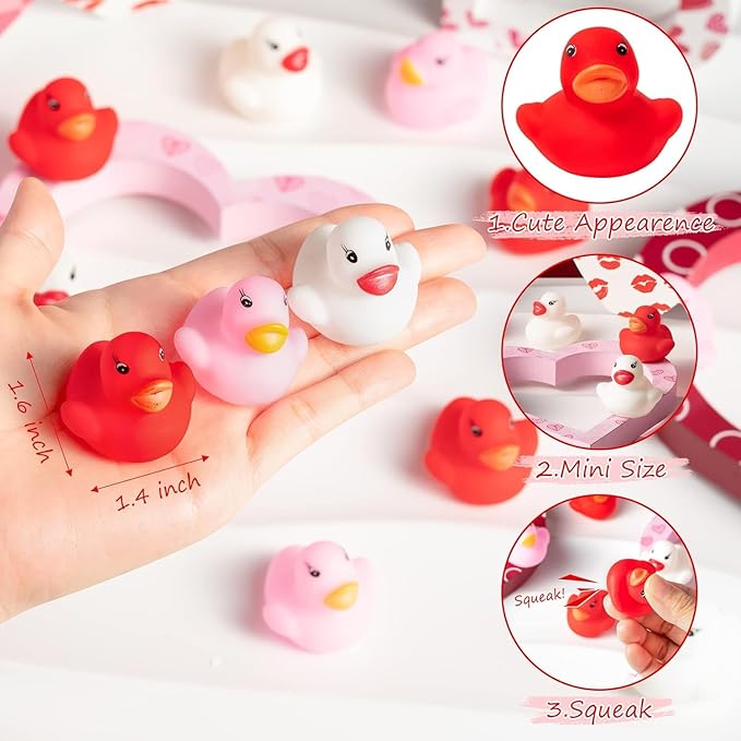 Haooryx Valentine's Exchange Gifts Bulk - 60-Piece Valentine's Day Mini Rubber Duckies Cute Red Squeak Duck Kids' Multi-Item Party Favor Pack Classroom Exchanges Holiday School Game Rewards Goodie Bag