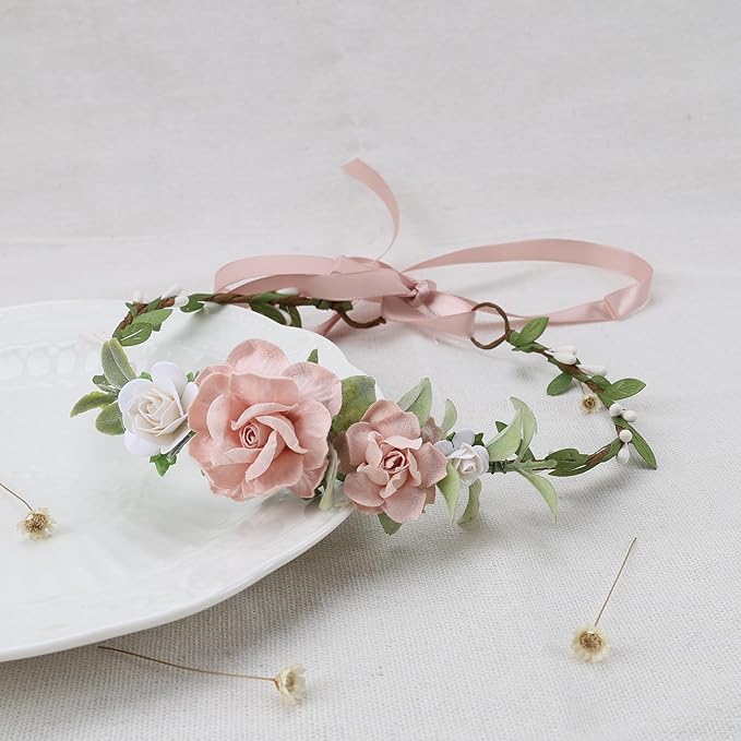 Flower Girl Flower Crown Pink Baby Girls Floral Headpieces Kids Headband Children Hair Wreath Photo Prop (Blush & White-Child Size)