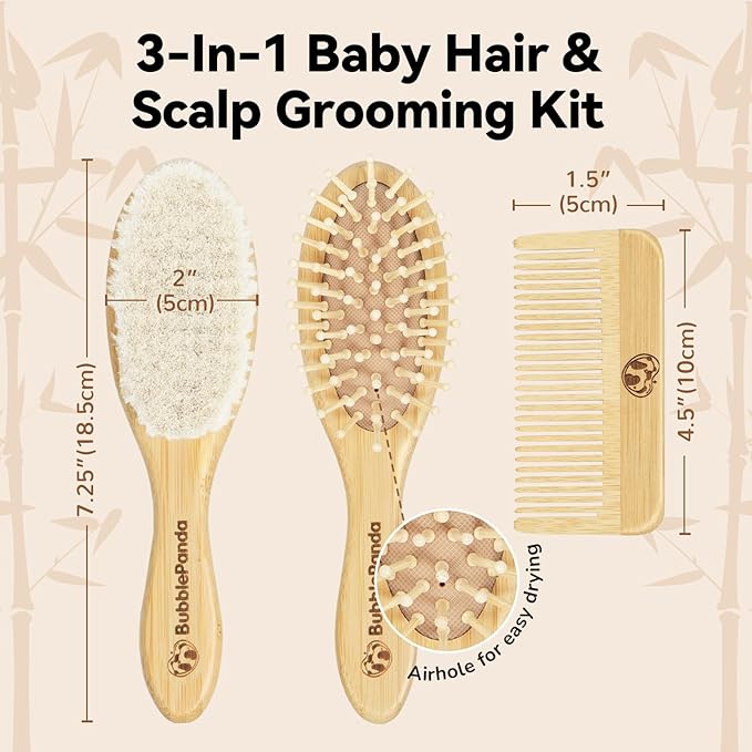 BubblePanda Baby Hair Brush and Comb Set – Ultra Soft Goat Hair Bristles, Natural Bamboo Baby Brush for Cradle Cap, Gentle Grooming Kit, Baby Registry Gift, for Newborns & Toddlers