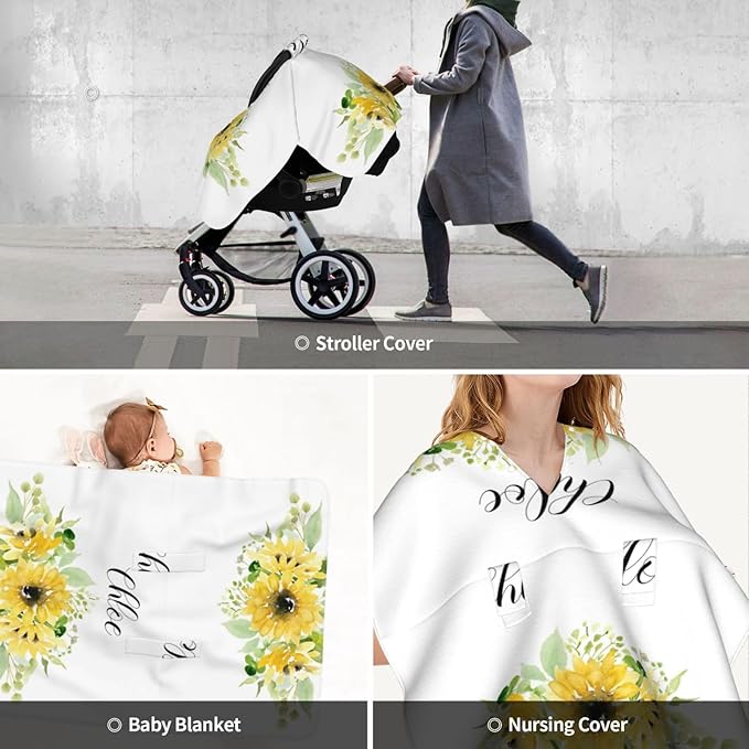 Custom Baby Car Seat Canopy with Name, Personalized Stroller Baby Car Seat Covers for Boys Girls, Minky Nursing Carseat Cover for Breastfeeding, Car Seat Canopies for Infant Newborn(Sunflower)